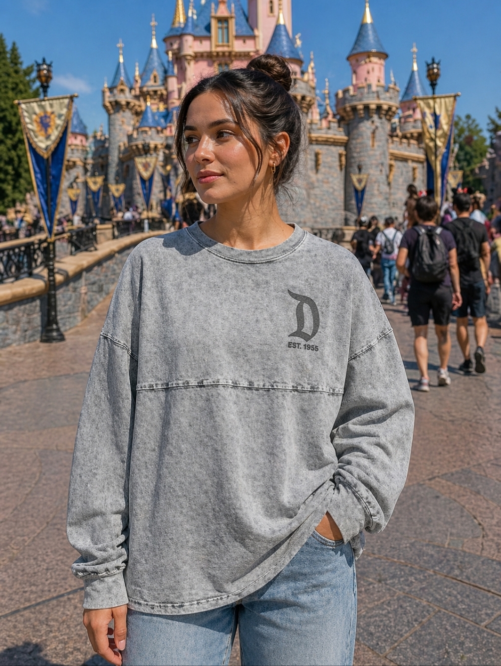 Disney Washed Gray Crewneck Sweatshirt with Black 'D' Emblem